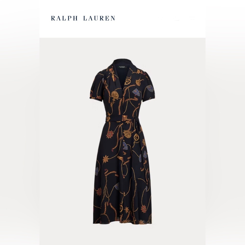 Lauren Ralph Lauren Black and Orange Puff Sleeve Midi Dress